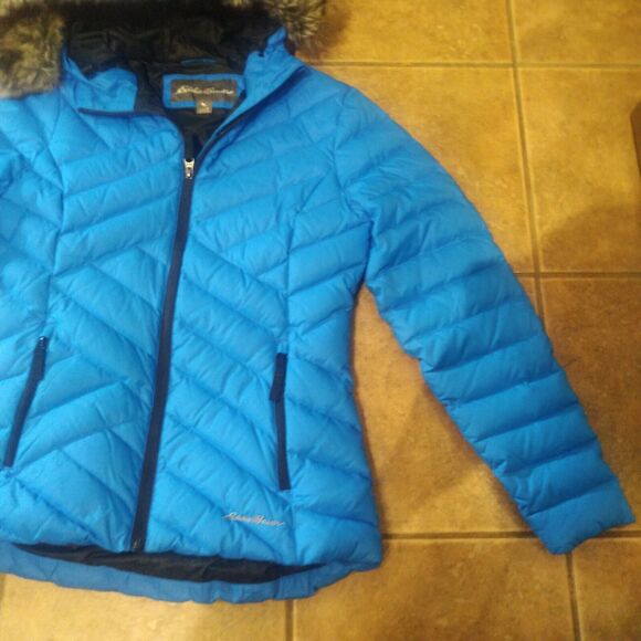 Eddie Bauer Womens Quilted Blue Goose Down Puffer Coat Faux Fur Hood Small EUC - Picture 8 of 13
